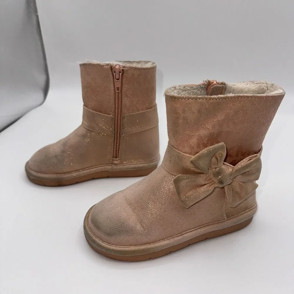 Michael Kors Girls Toddler Size 8 Pink Gold Shimmer Bow‎ Faux Fur Winter Boots